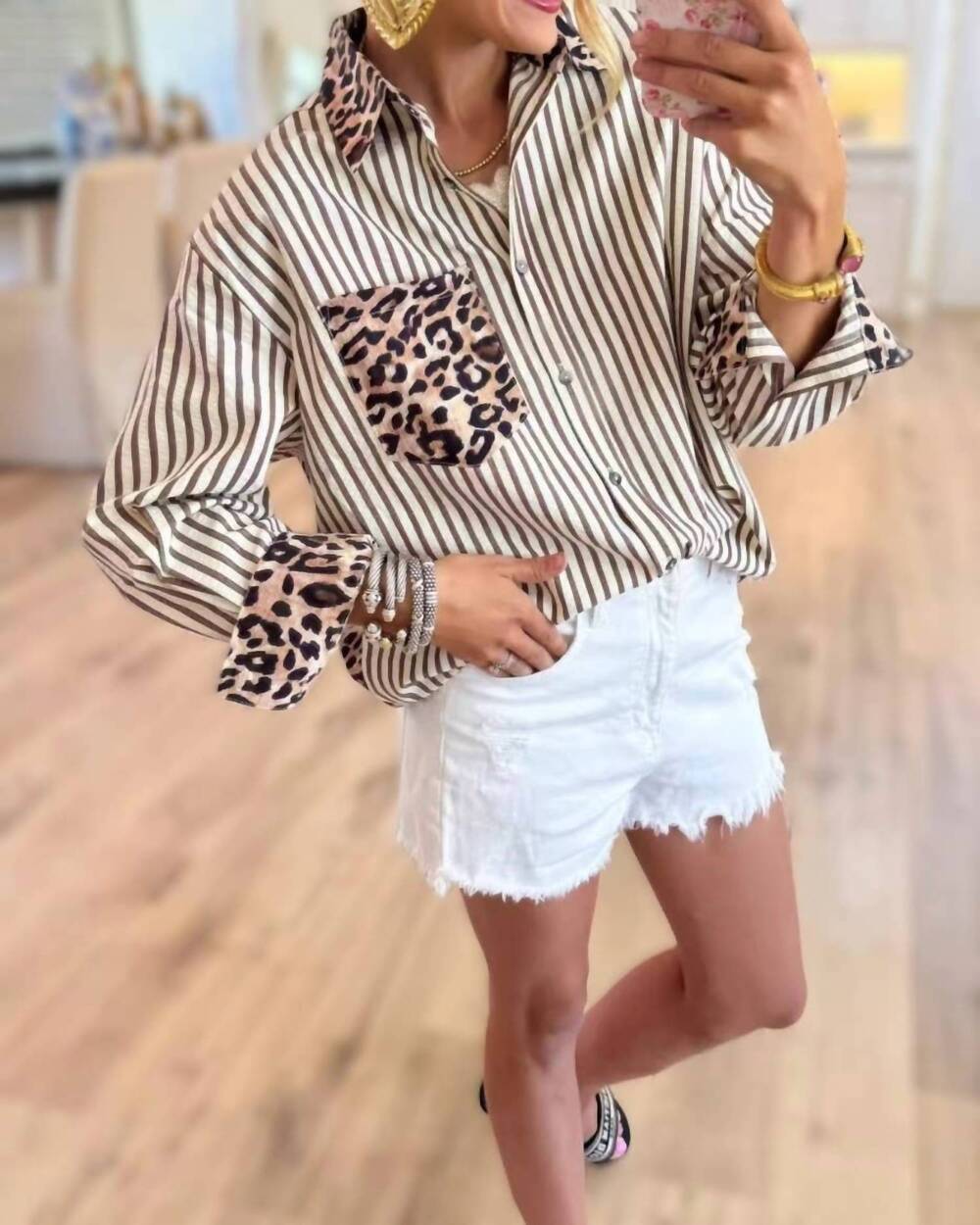 NEW ROSA CLOTHING leopard & striped patchwork top - plus in khaki